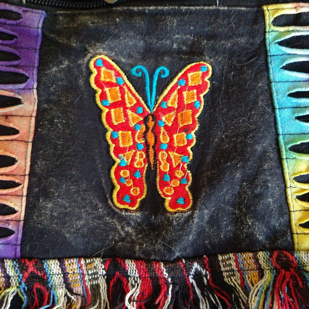 HIMALAYA HANDBAG CROSSBODY MISSES UNISEX HANDMADE EMBROIDERY BUTTERFLY BLACK NWT